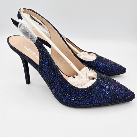 Lauren Lorraine Rachel Navy Blue Crystal Rhinestone Slingback Heels Size 9 NEW - Picture 1 of 11